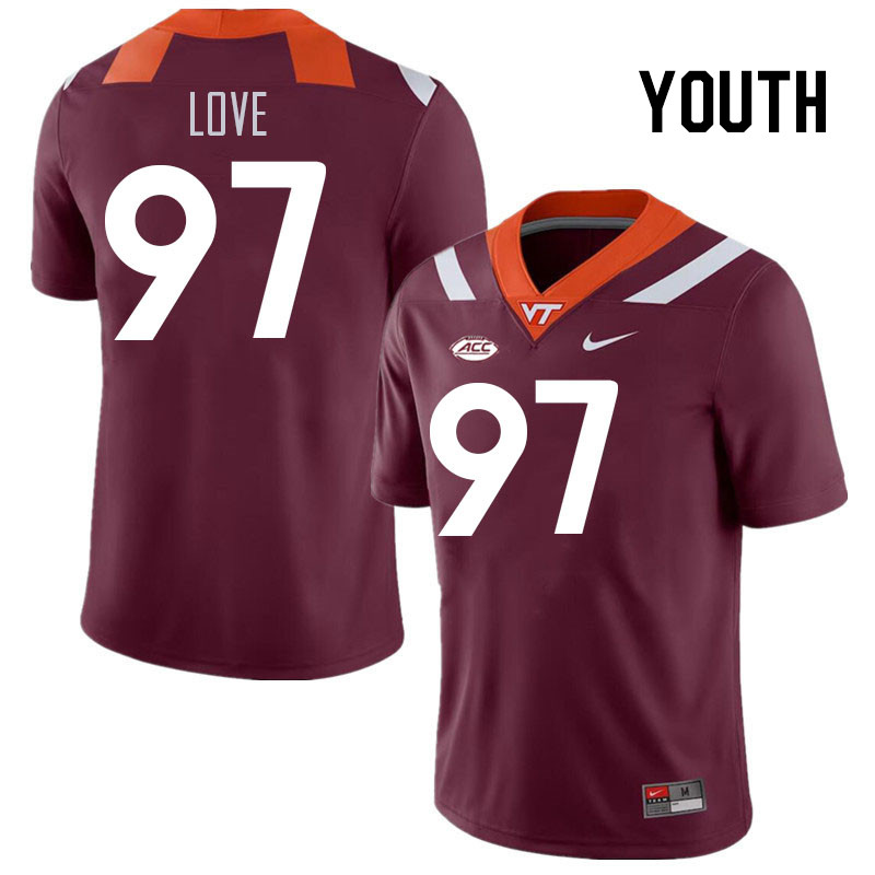 Youth #97 John Love Virginia Tech Hokies College Football Jerseys Stitched Sale-Maroon